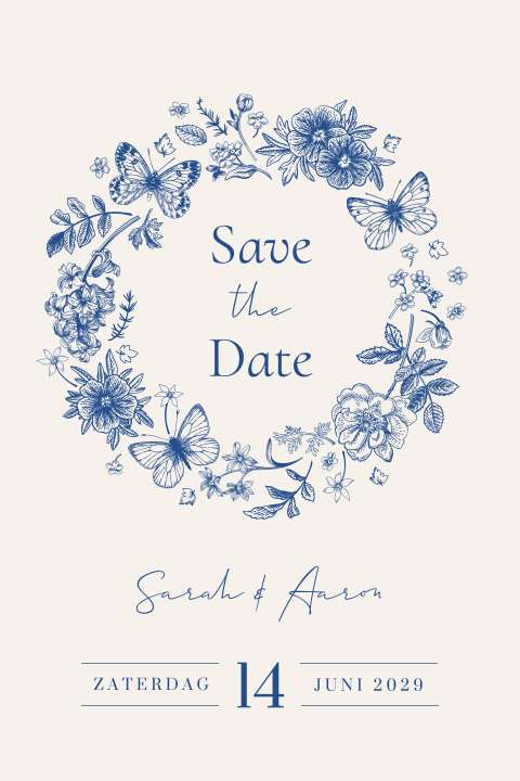 Save the date met bloemenkrans in Delfts blauw stijl
