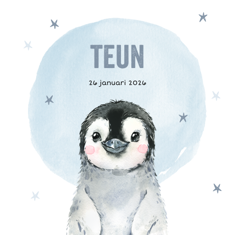 Winter geboortekaartje jongen met pinguin, sterren en blauwe waterverf