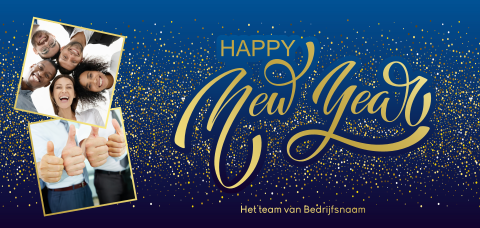 Blauwe Happy New Year kaart met eigen foto's en goudfolie