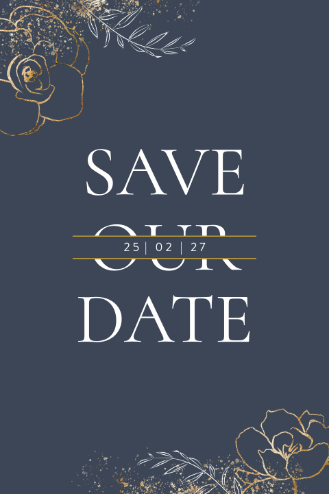 Donkerblauwe save the date kaart met gouden bloemen