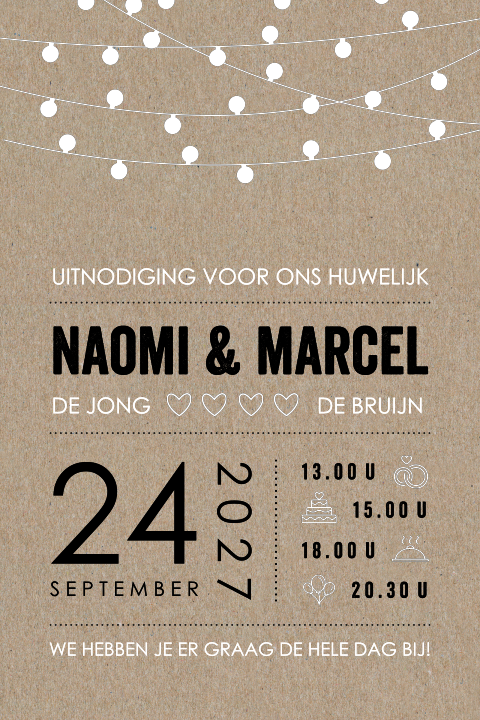 Kraft trouwkaart met hippe typografie en lampjes