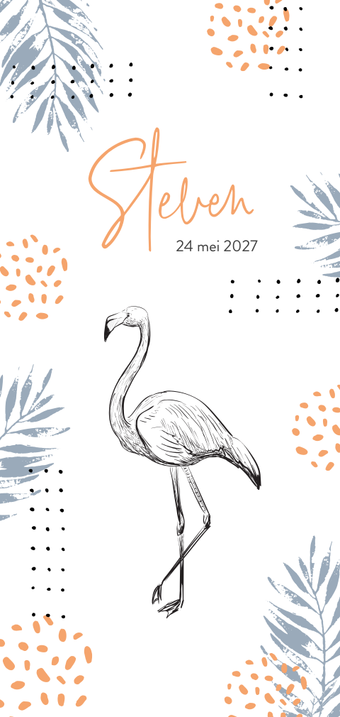 Geboortekaartje flamingo met oranje bladeren