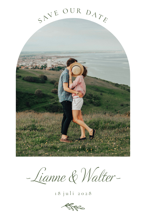 Boog save the date kaart met grote foto in boog