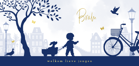 Hollands geboortekaartje met jongen in stad