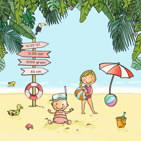 Geboortekaartje zus met baby meisje op het strand