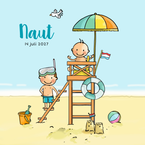 Zomer geboortekaartje broer met baby jongen op uitkijkstoel