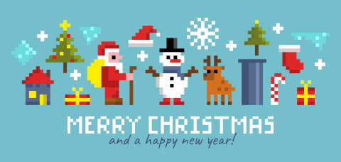 Kleurrijke kerstkaart met pixel illustratie