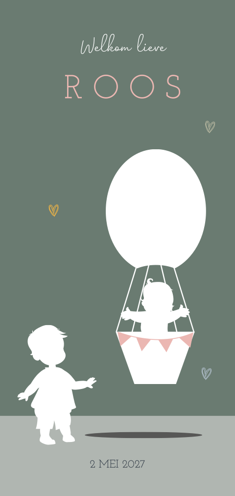 Silhouet geboortekaartje broertje en luchtballon met meisje