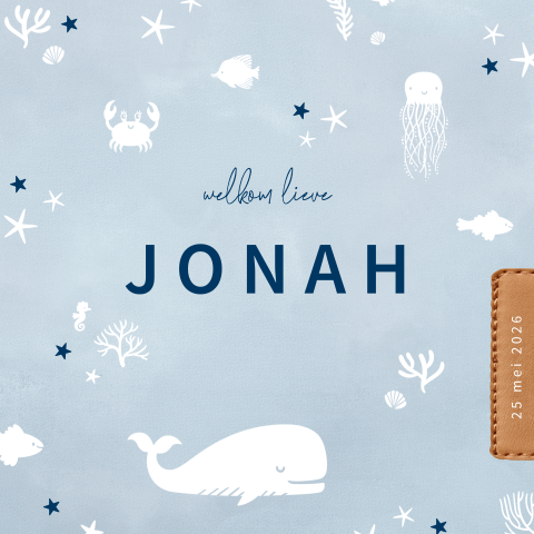Blauw geboortekaartje jongen met zeedieren en leren label