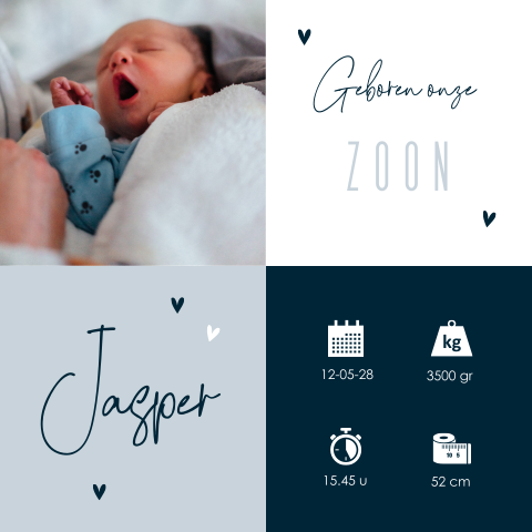 Foto geboortekaartje jongen met geboortegegevens