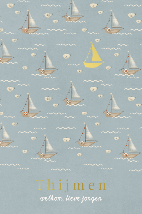 Zee geboortekaartje in blauw met bootjes