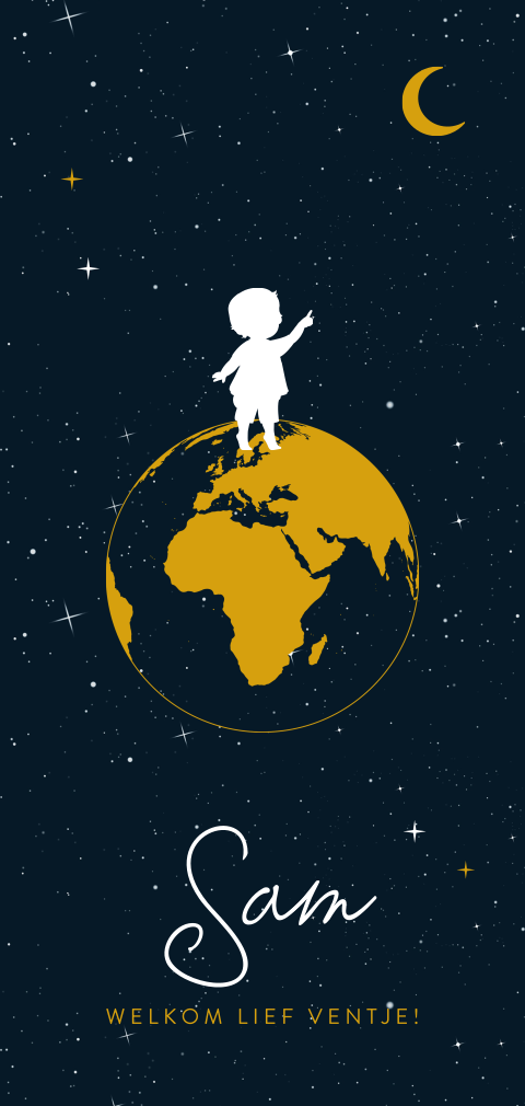 Geboortekaartje silhouette met jongetje op wereldbol