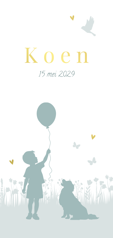 Silhouet geboortekaartje met jongen met ballon en hond