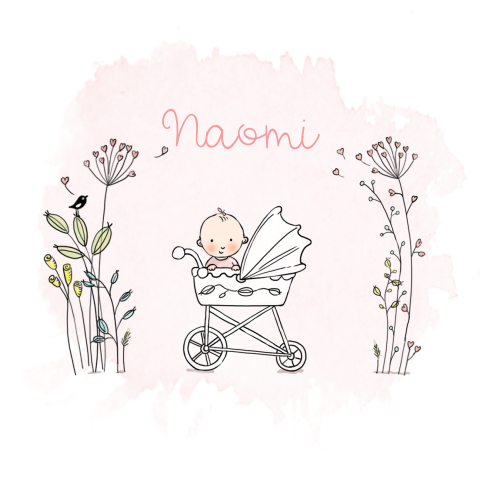 Lief geboortekaartje met baby meisje in kinderwagen