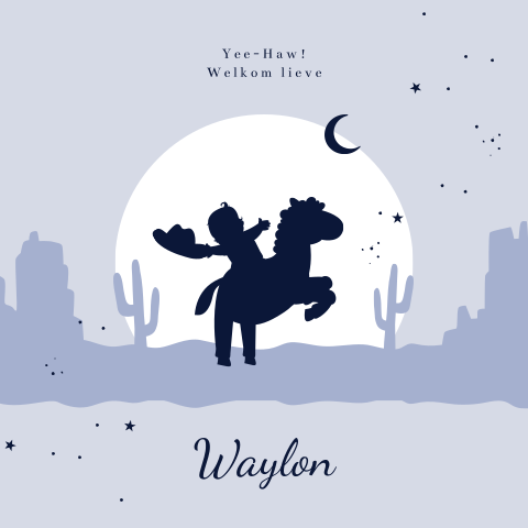 Western geboortekaartje met silhouet baby cowboy op paard