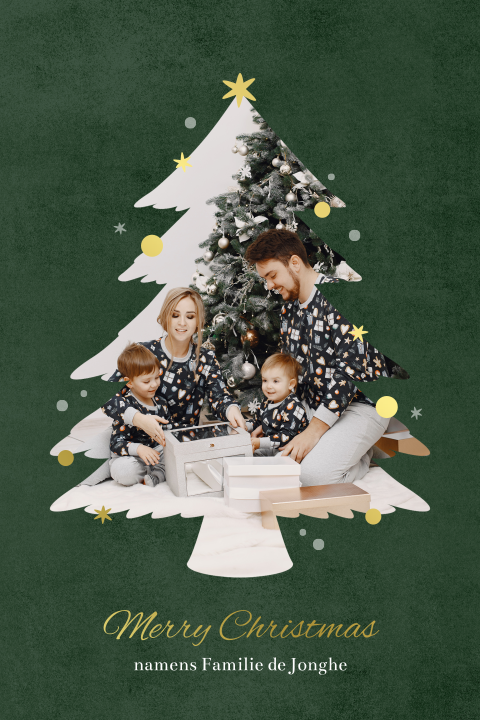 Groene kerstkaart met foto in kerstboom en goudfolie