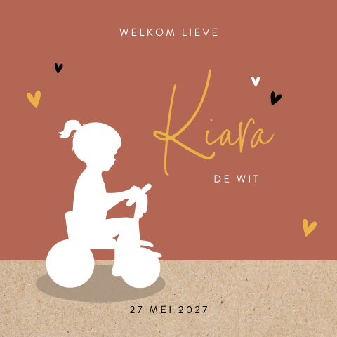 Rood geboortekaartje met silhouet meisje op fietsje