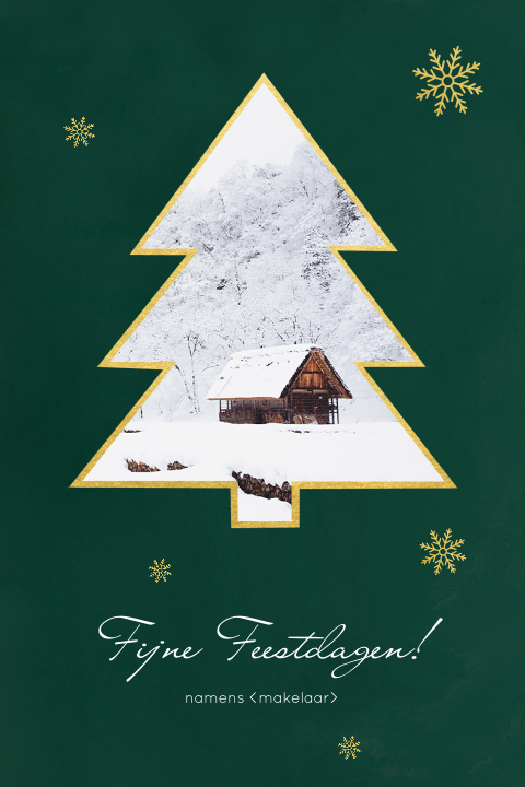 Kerstkaart vastgoed met foto in gouden kerstboom