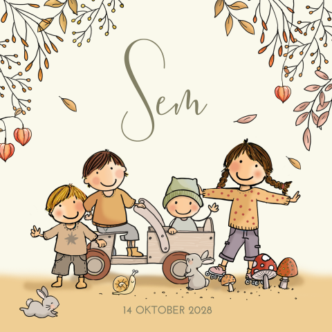 Herfst geboortekaartje 4e kindje met baby jongen in houten kar