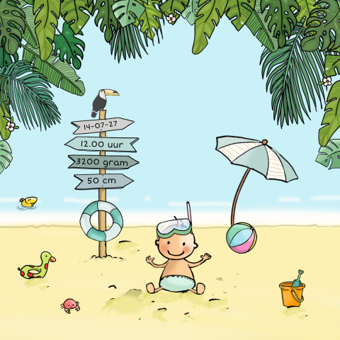 Geboortekaartje met baby jongen op het strand