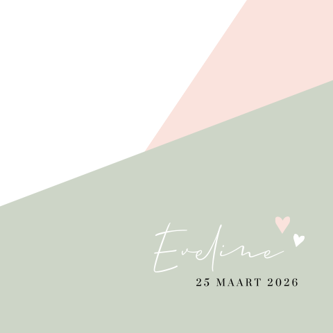 Geometrisch geboortekaartje groene en roze vlakken met hartjes