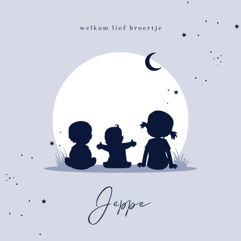Blauw geboortekaartje met drie silhouet kindjes