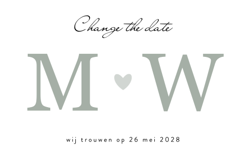Change the date kaartje met grijsgroene initialen