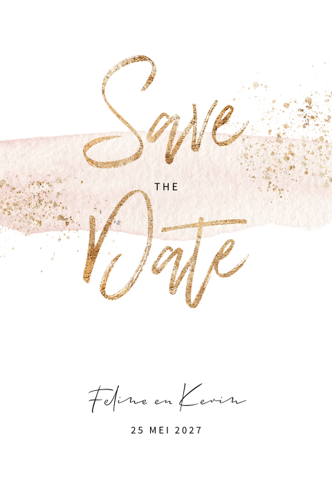 Save the date kaart blush waterverf met gouden spetters