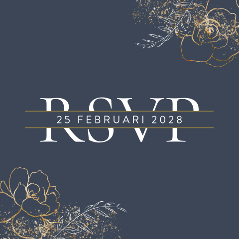 Donkerblauw RSVP kaartje met gouden bloemen