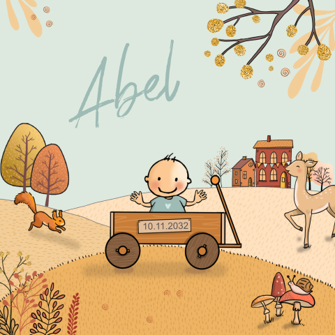 Getekend geboortekaartje in de herfst met een ree eekhoorn en egel