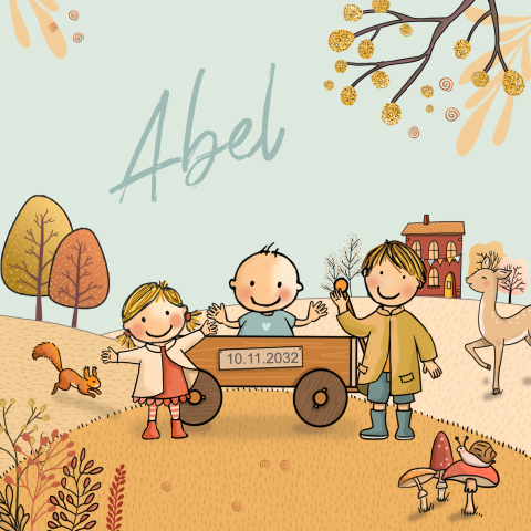 Herfst geboortekaartje 3e kindje met jongen in kar