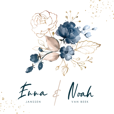 Chique trouwkaart met boeket bloemen in blauw en roze