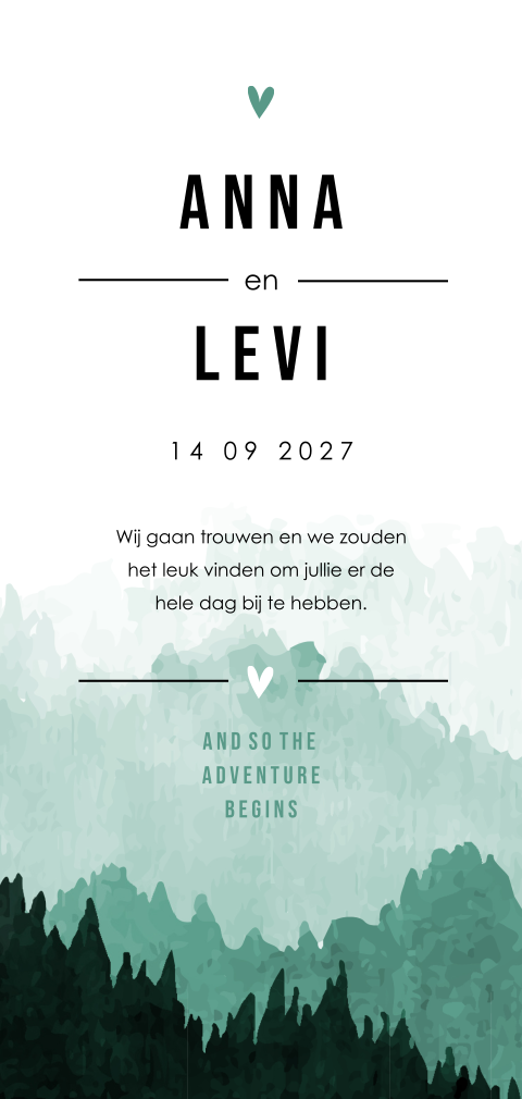 Trouwkaart met bergen in groene waterverf