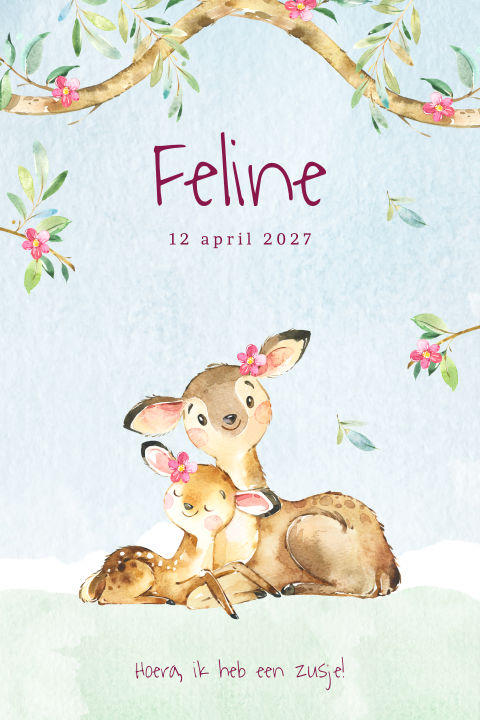 Geboortekaartje meisje voor 2e kindje met twee herten in het bos