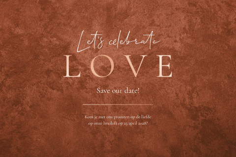 Roestbruine save the date kaart met rosegoudfolie