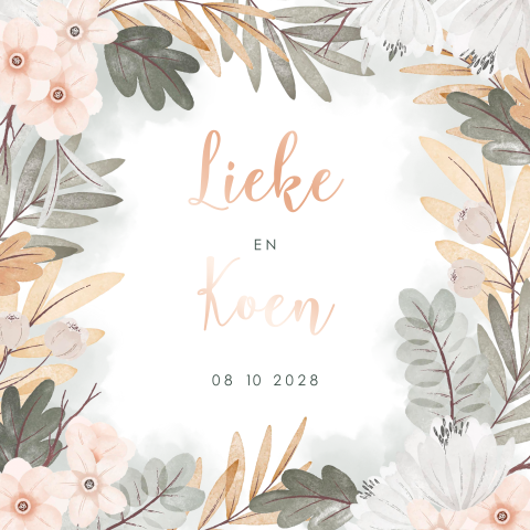 Rosegoudfolie trouwkaart met pastel bloemen