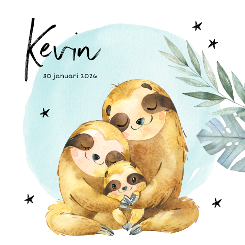 Blauw geboortekaartje voor een jongen met familie luiaard