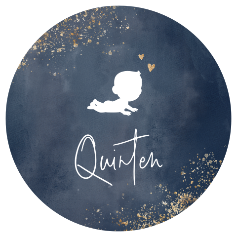 Blauw rond geboortekaartje met silhouetje baby en gouden spetters