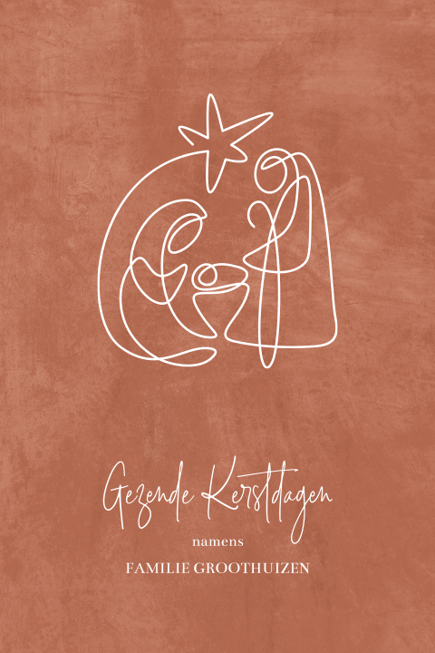 Terracotta kerstkaart met lijntekening van Jozef, Maria en Jezus