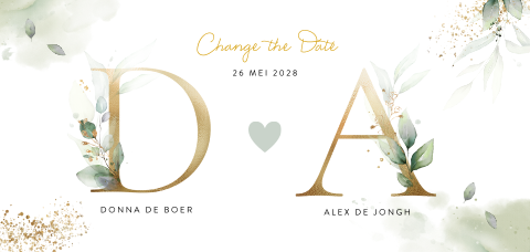 Botanische change the date kaart met goudkleurige initialen