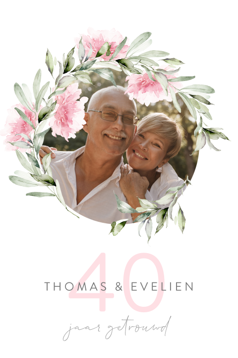 Uitnodiging met foto en roze bloemen voor 40 jarig jubileum