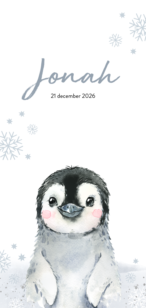 Winter geboortekaartje met pinguin en sneeuwvlokken
