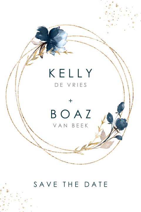 Save the date kaart met gouden cirkel en blauwe bloemen