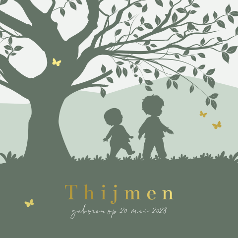 Silhouet geboortekaartje 2e kind: grote broer met jongetje onder boom