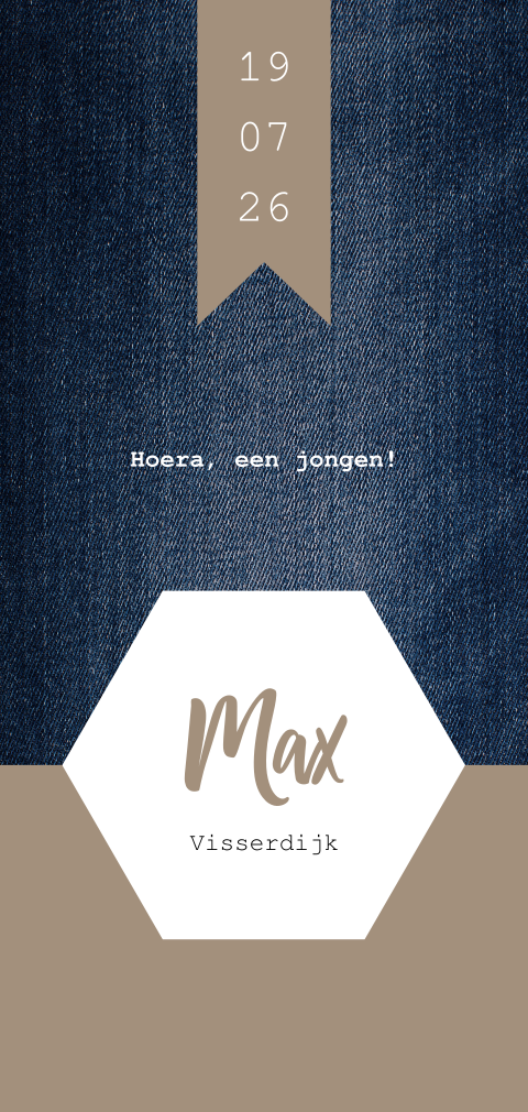 Jeans geboortekaartje jongen met naam in zeshoek en banner