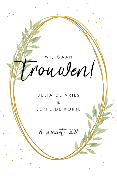 Chique trouwkaart met gouden kader en groene bladeren