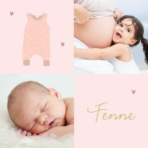 Foto geboortekaartje 2e kindje met twee  zusjes en roze romper
