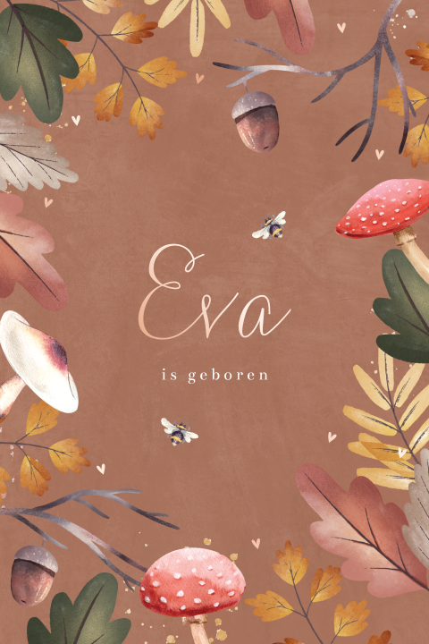 Geboortekaartje herfst met paddestoelen en bladeren
