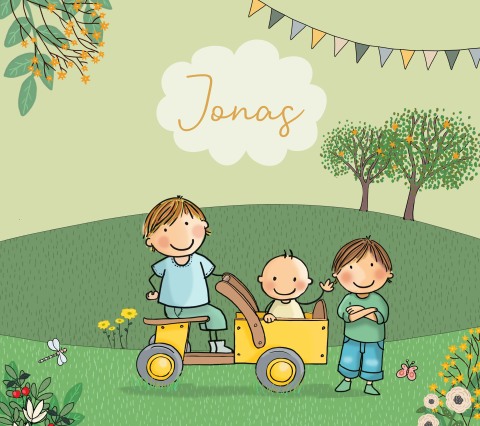 Geboortekaartje 3e kindje met jongen in houten bakfiets