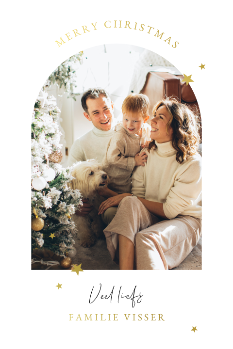 Goudfolie kerstkaart met foto en sterretjes